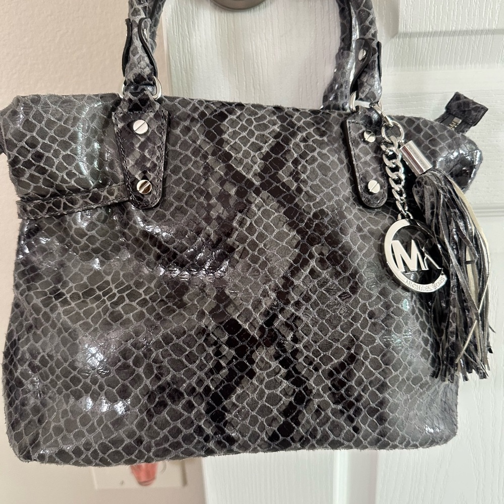MICHAEL KORS Grey Croc Embossed Patent Leather Tote Satchel